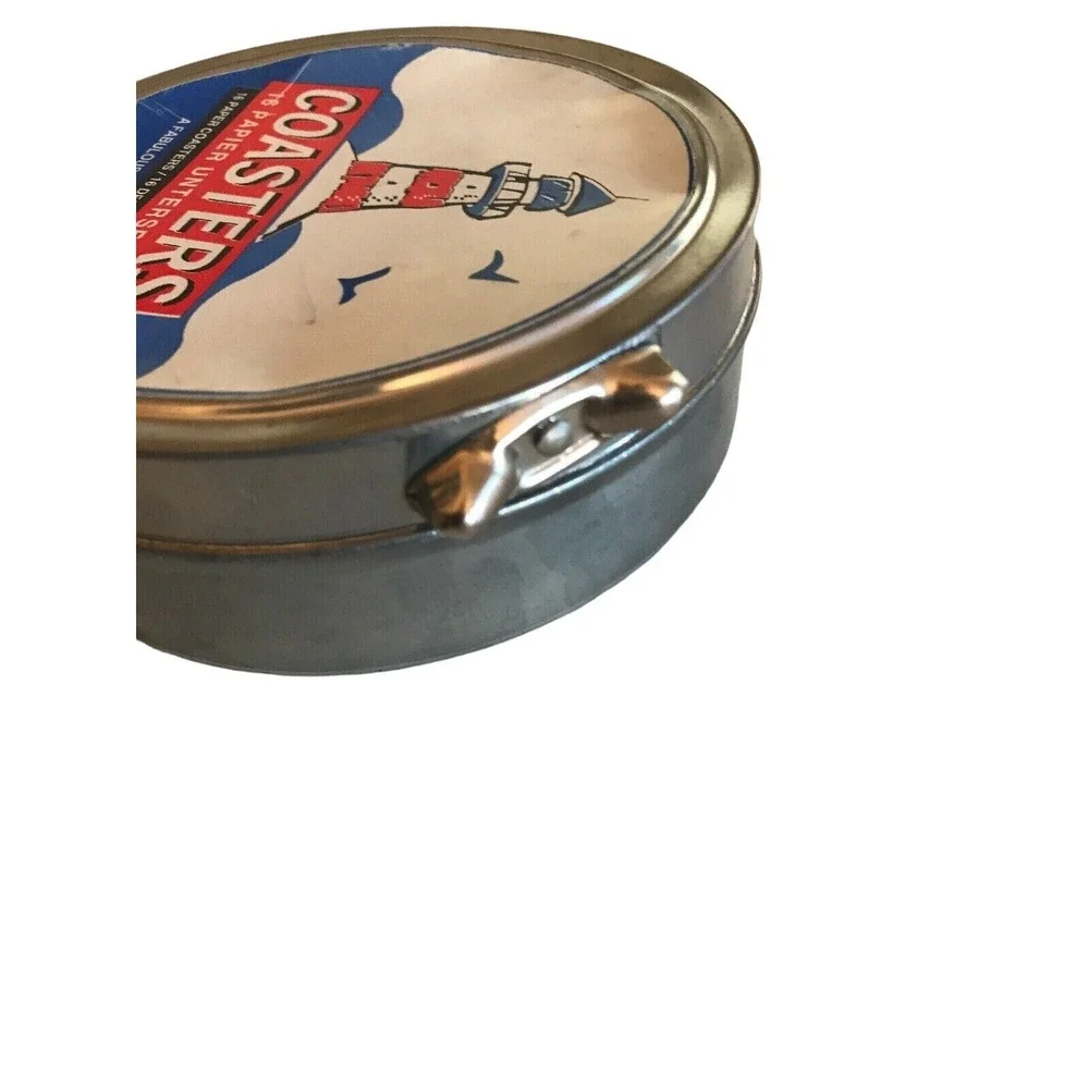 Lighthouse Paper Coasters in Round metal tin set of 15